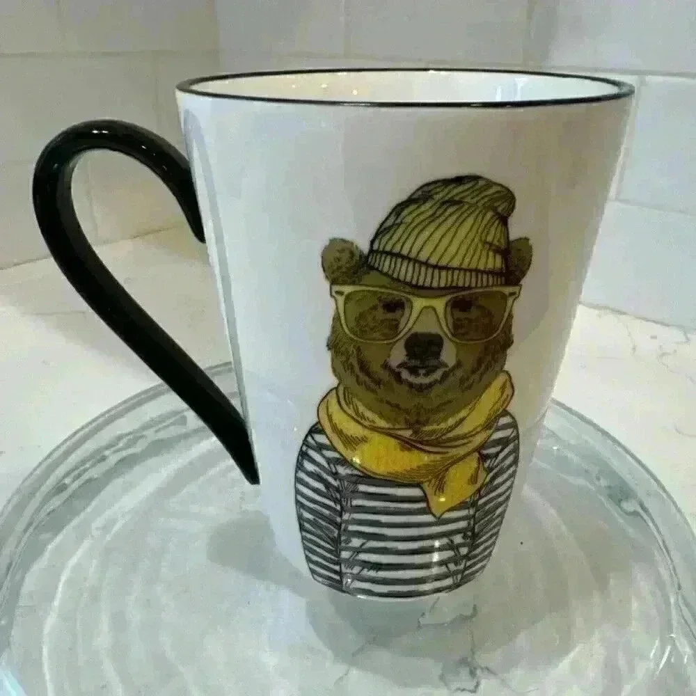 Hipster Brown Bear Mug Cup by Signature 16.5 oz. Big Yellow Glasses & Scarf